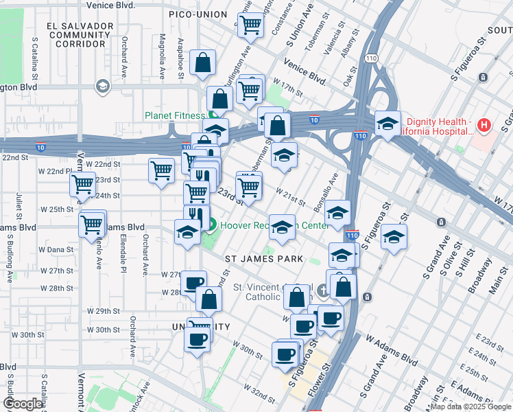 map of restaurants, bars, coffee shops, grocery stores, and more near 929 West 23rd Street in Los Angeles