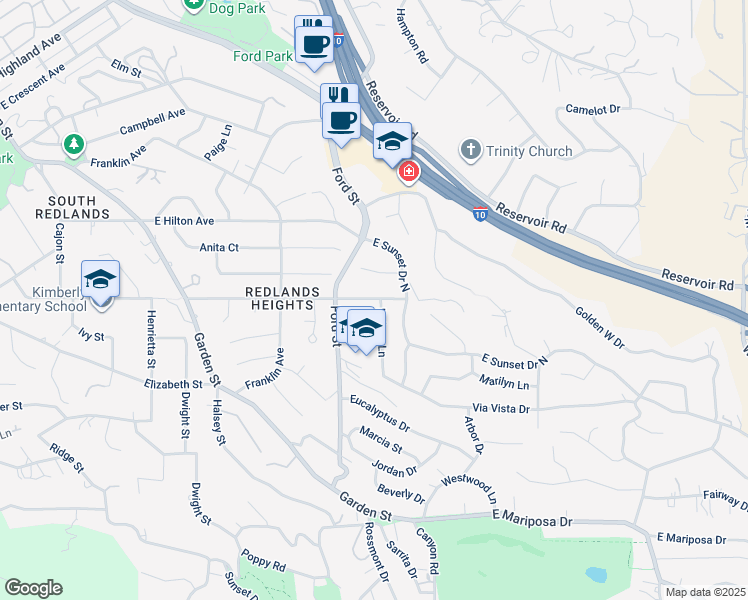 map of restaurants, bars, coffee shops, grocery stores, and more near 113 East Drive in Redlands