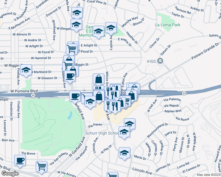 map of restaurants, bars, coffee shops, grocery stores, and more near 301 East Pomona Boulevard in Monterey Park