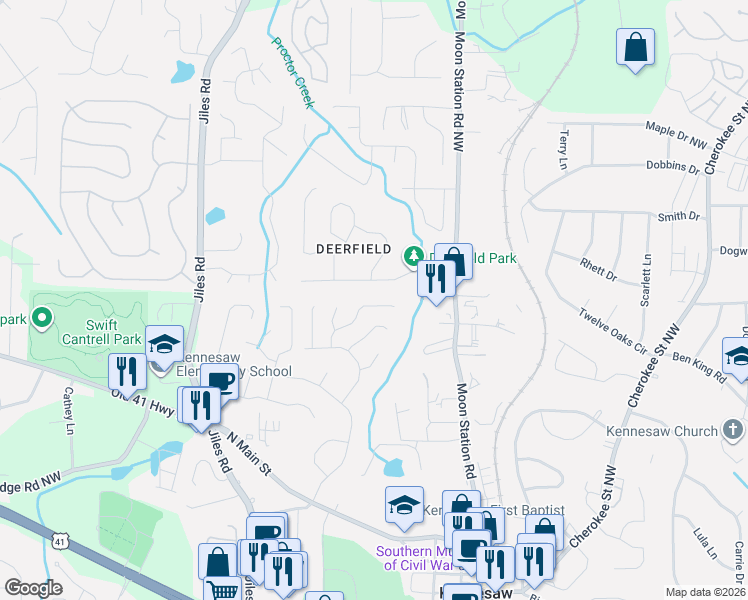 map of restaurants, bars, coffee shops, grocery stores, and more near 1056 Coker Circle Northwest in Kennesaw
