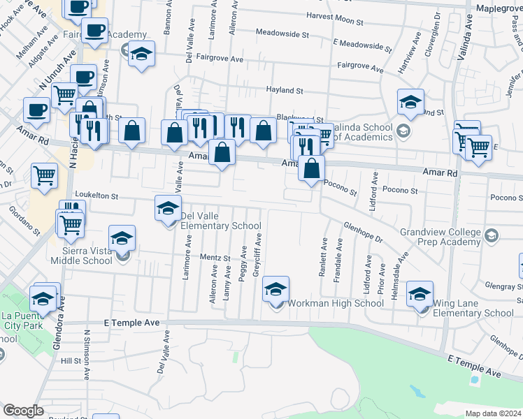 map of restaurants, bars, coffee shops, grocery stores, and more near Greycliff Avenue in La Puente