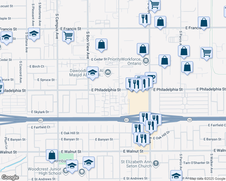 map of restaurants, bars, coffee shops, grocery stores, and more near 1056 East Philadelphia Street in Ontario