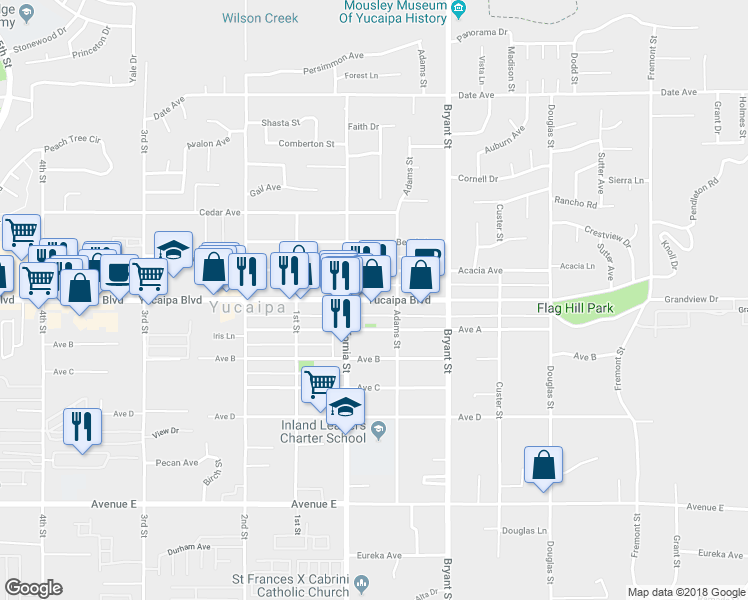 map of restaurants, bars, coffee shops, grocery stores, and more near 35155 Yucaipa Boulevard in Yucaipa