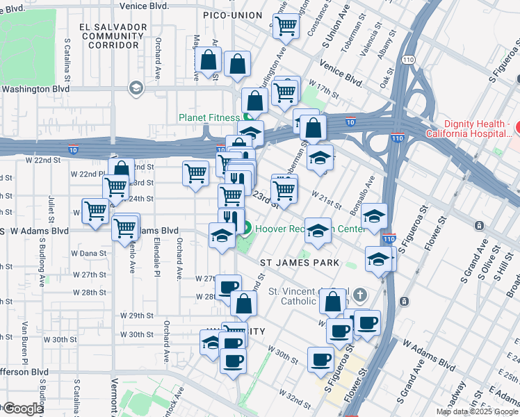 map of restaurants, bars, coffee shops, grocery stores, and more near 1017 West 24th Street in Los Angeles
