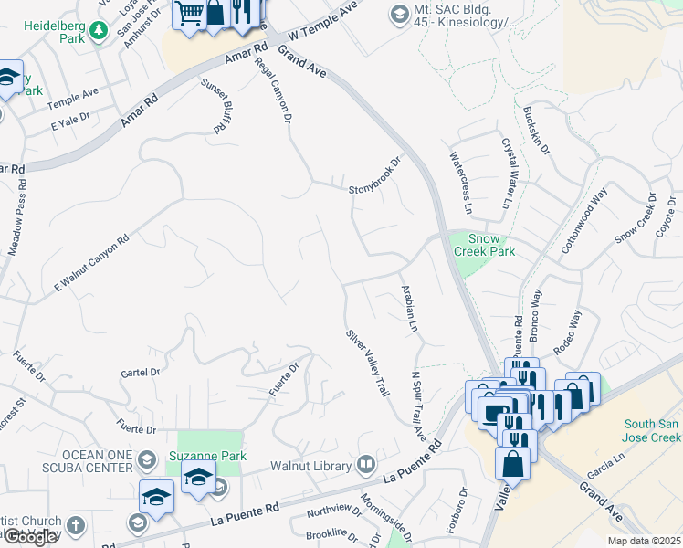 map of restaurants, bars, coffee shops, grocery stores, and more near 21100 Snow Creek Drive in Walnut