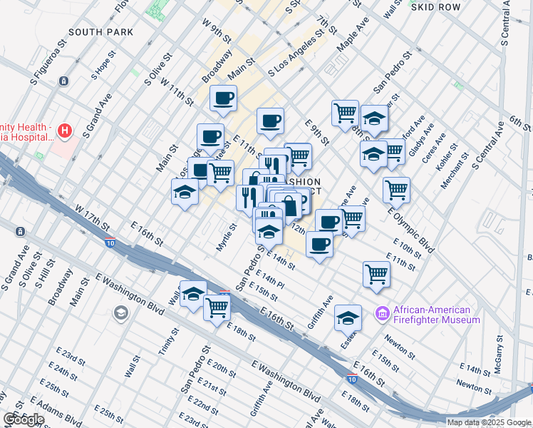 map of restaurants, bars, coffee shops, grocery stores, and more near 1219 San Pedro Street in Los Angeles