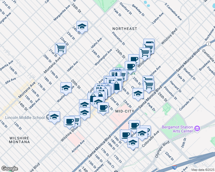 map of restaurants, bars, coffee shops, grocery stores, and more near 1133 22nd Street in Santa Monica