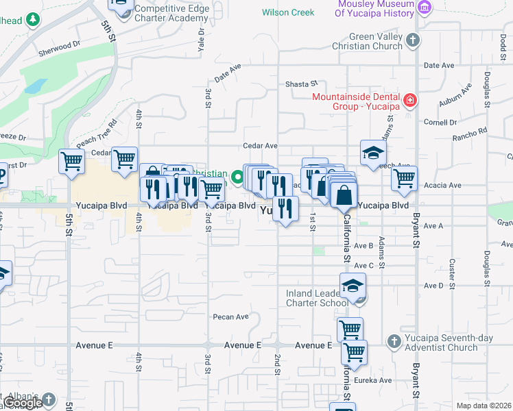 map of restaurants, bars, coffee shops, grocery stores, and more near 34838 Yucaipa Boulevard in Yucaipa