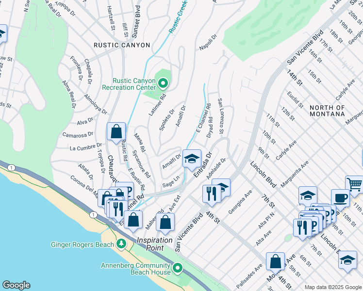 map of restaurants, bars, coffee shops, grocery stores, and more near 354 Amalfi Drive in Santa Monica