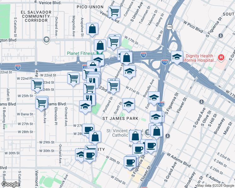 map of restaurants, bars, coffee shops, grocery stores, and more near 929 West 23rd Street in Los Angeles