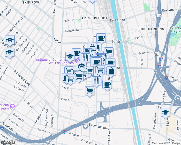 map of restaurants, bars, coffee shops, grocery stores, and more near 1926 East 7th Place in Los Angeles