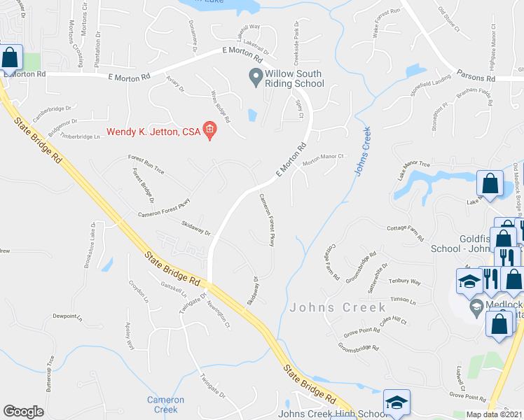 map of restaurants, bars, coffee shops, grocery stores, and more near 5390 Cameron Forest Parkway in Alpharetta