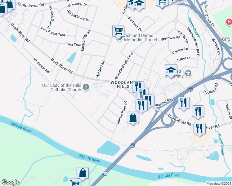 map of restaurants, bars, coffee shops, grocery stores, and more near 2432 Rolling Pines Road in Columbia
