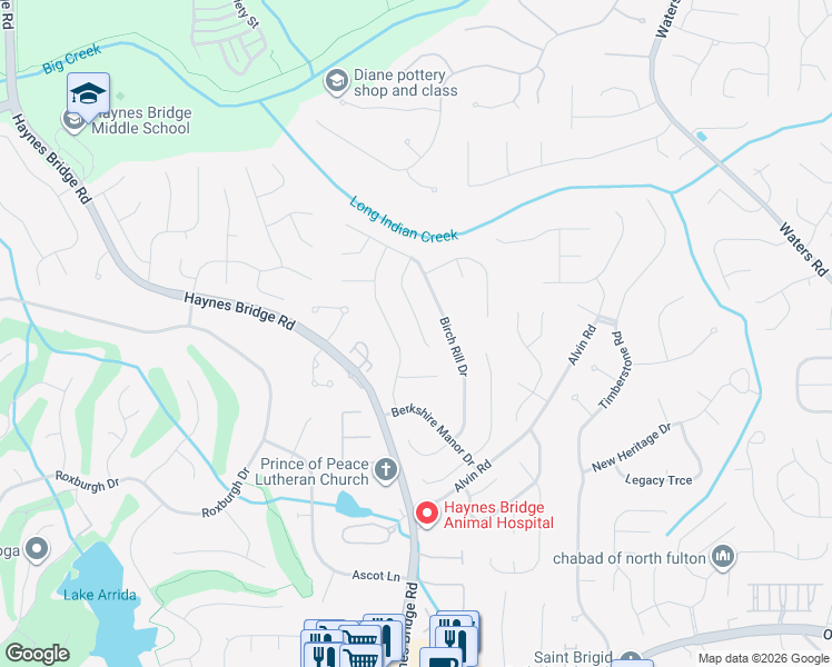 map of restaurants, bars, coffee shops, grocery stores, and more near 585 Indian Mill Court in Alpharetta