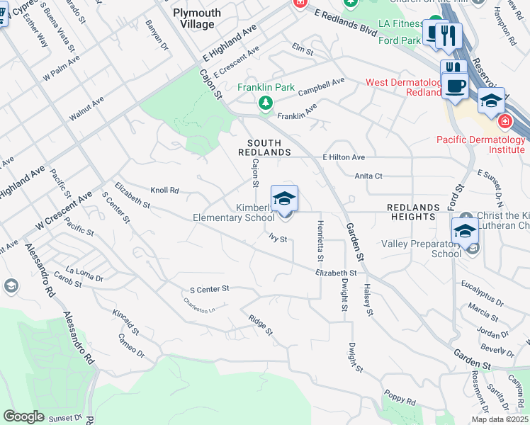 map of restaurants, bars, coffee shops, grocery stores, and more near 301 West Redlands Boulevard in Redlands