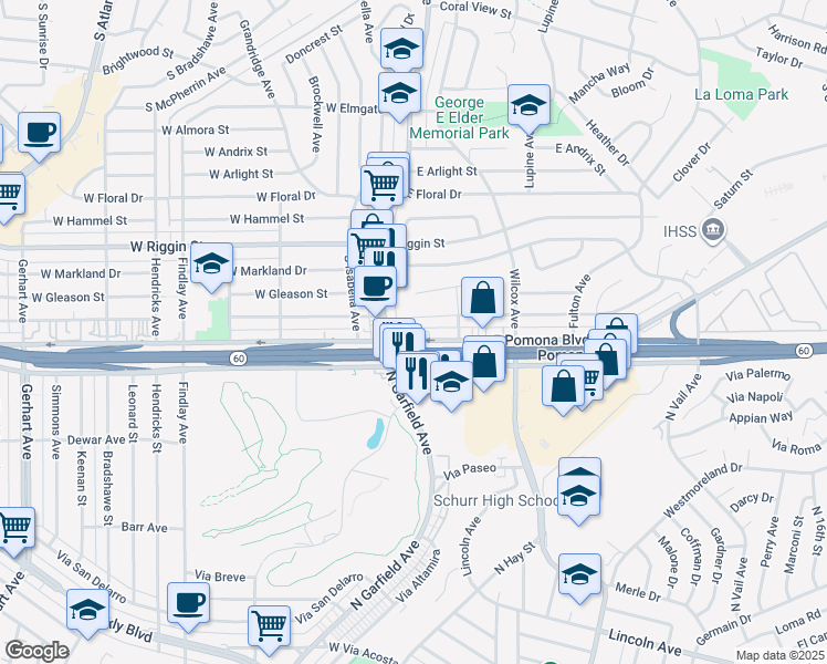 map of restaurants, bars, coffee shops, grocery stores, and more near in Montebello