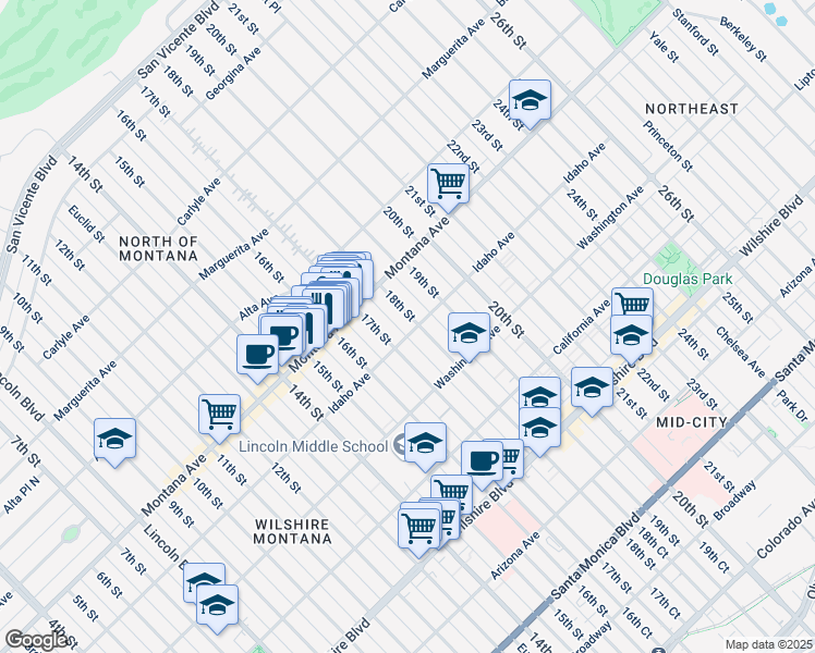 map of restaurants, bars, coffee shops, grocery stores, and more near 853 17th Street in Santa Monica