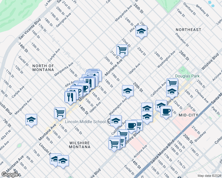 map of restaurants, bars, coffee shops, grocery stores, and more near 853 17th Street in Santa Monica