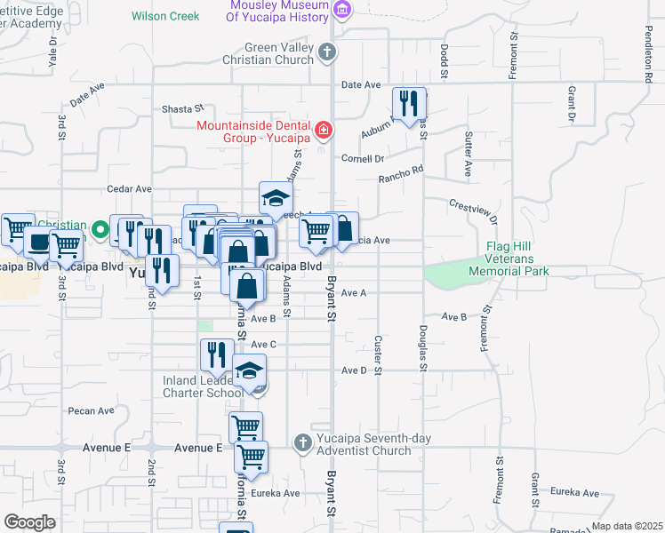 map of restaurants, bars, coffee shops, grocery stores, and more near Yucaipa Boulevard & Bryant Street in Yucaipa