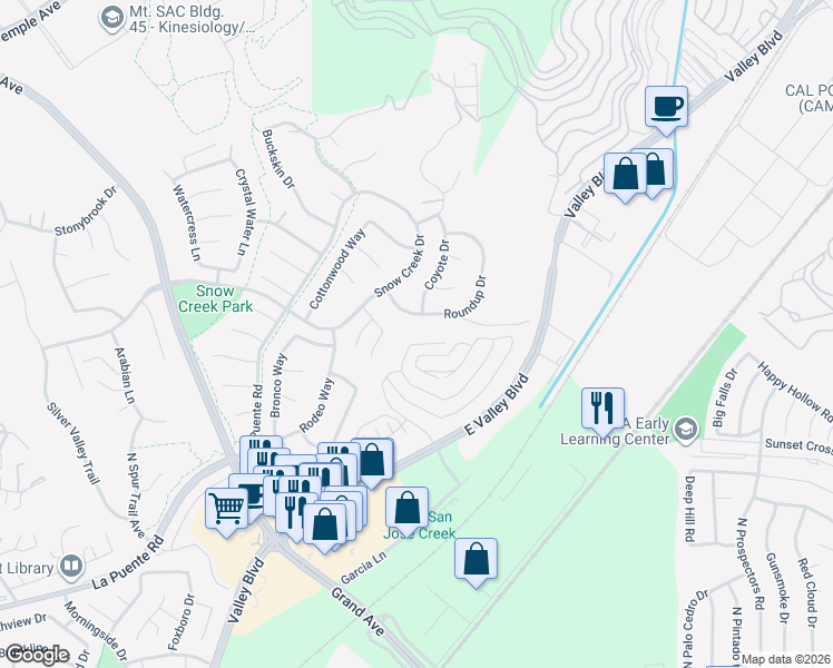 map of restaurants, bars, coffee shops, grocery stores, and more near 22059 Tuscany Court in Walnut