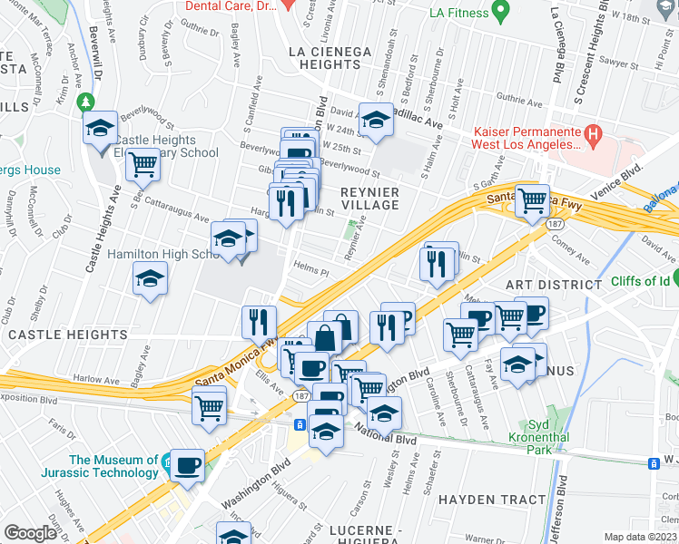 map of restaurants, bars, coffee shops, grocery stores, and more near 8918 Kramerwood Place in Los Angeles