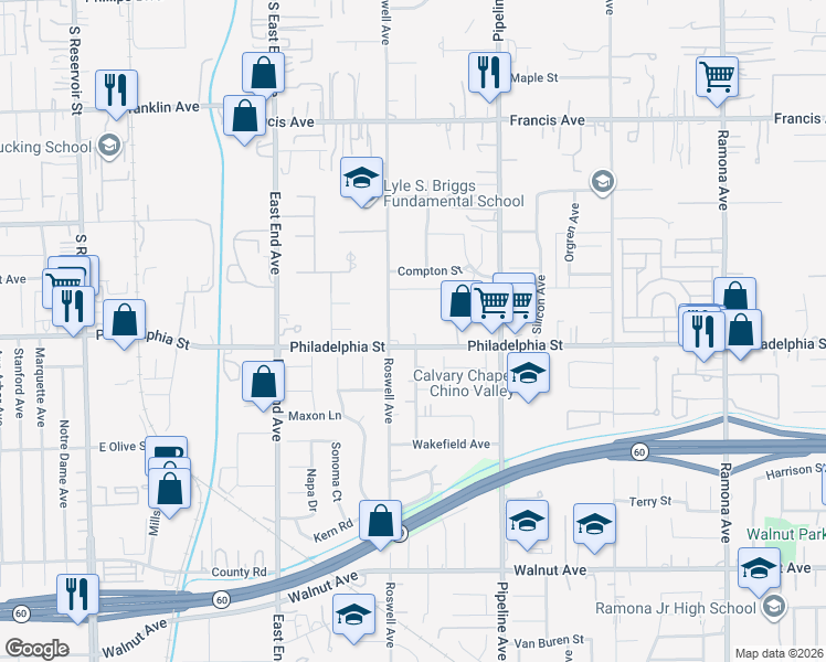 map of restaurants, bars, coffee shops, grocery stores, and more near 3964 Philadelphia Street in Chino