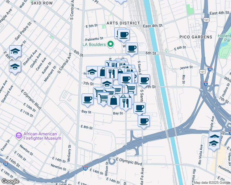 map of restaurants, bars, coffee shops, grocery stores, and more near 1926 East 7th Place in Los Angeles