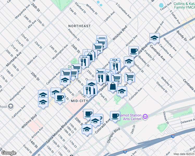 map of restaurants, bars, coffee shops, grocery stores, and more near 2508 Arizona Avenue in Santa Monica