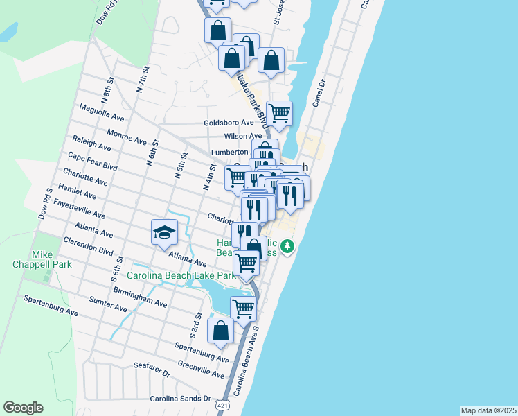 map of restaurants, bars, coffee shops, grocery stores, and more near 1 Lake Park Boulevard South in Carolina Beach