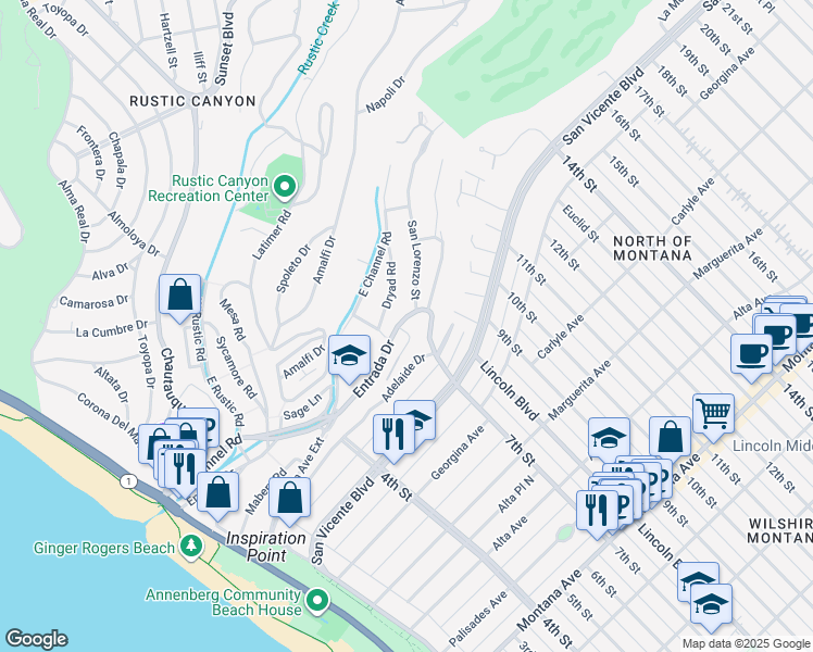 map of restaurants, bars, coffee shops, grocery stores, and more near 574 Stassi Lane in Santa Monica