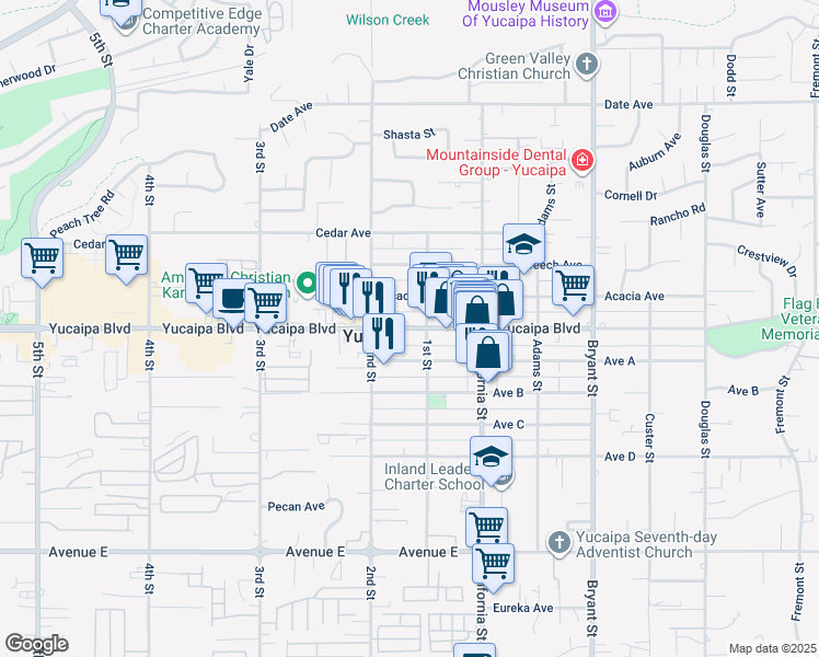 map of restaurants, bars, coffee shops, grocery stores, and more near 34955 Yucaipa Boulevard in Yucaipa