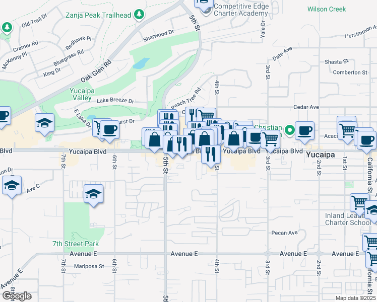 map of restaurants, bars, coffee shops, grocery stores, and more near 34409 Yucaipa Boulevard in Yucaipa