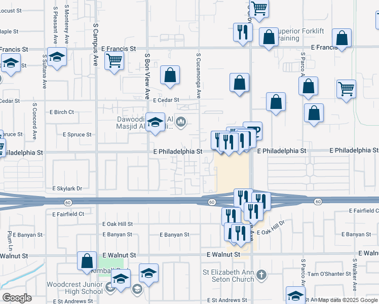 map of restaurants, bars, coffee shops, grocery stores, and more near 1056 East Philadelphia Street in Ontario
