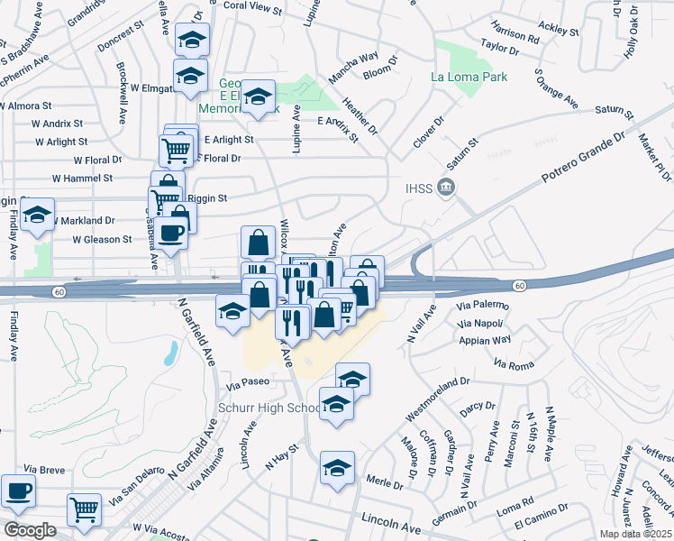 map of restaurants, bars, coffee shops, grocery stores, and more near 391 Potrero Grande Drive in Monterey Park