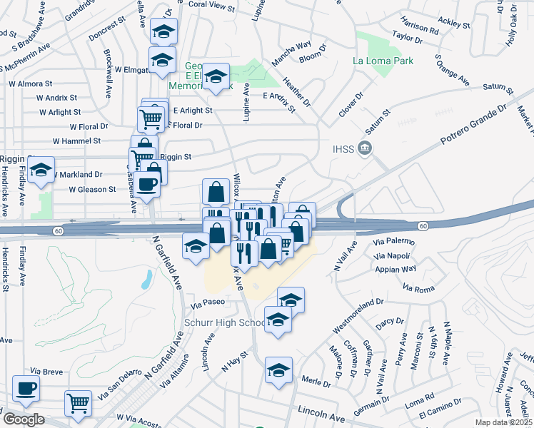 map of restaurants, bars, coffee shops, grocery stores, and more near 345 East Pomona Boulevard in Monterey Park