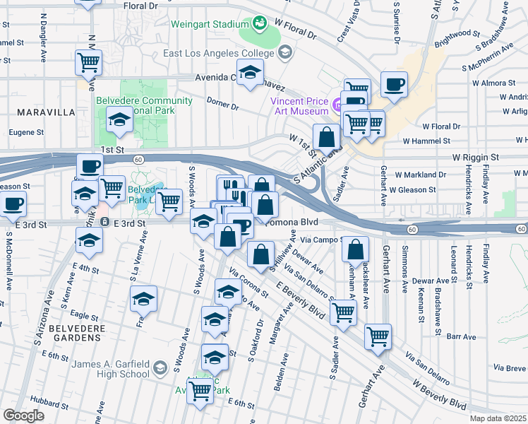 map of restaurants, bars, coffee shops, grocery stores, and more near in East Los Angeles