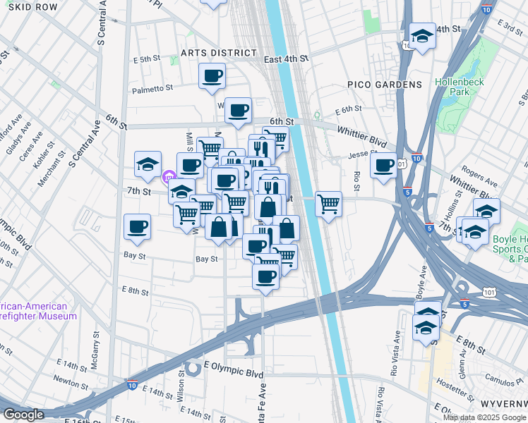 map of restaurants, bars, coffee shops, grocery stores, and more near 800 South Santa Fe Avenue in Los Angeles