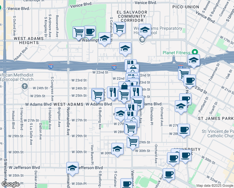 map of restaurants, bars, coffee shops, grocery stores, and more near 1449 West Adams Boulevard in Los Angeles