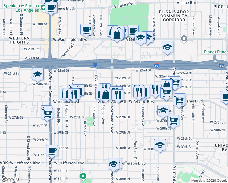 map of restaurants, bars, coffee shops, grocery stores, and more near 1702 West 25th Street in Los Angeles