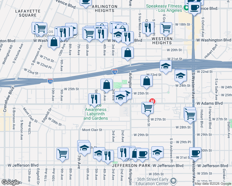 map of restaurants, bars, coffee shops, grocery stores, and more near 2530 3rd Avenue in Los Angeles