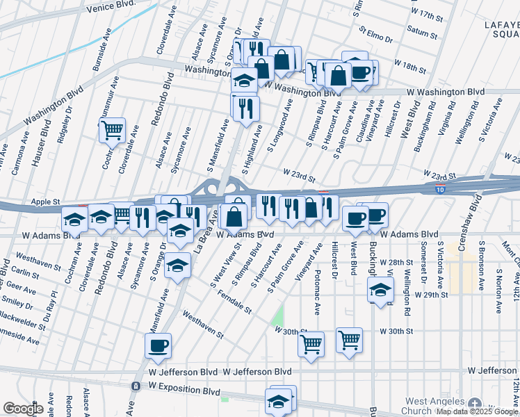 map of restaurants, bars, coffee shops, grocery stores, and more near 2521 South Rimpau Boulevard in Los Angeles