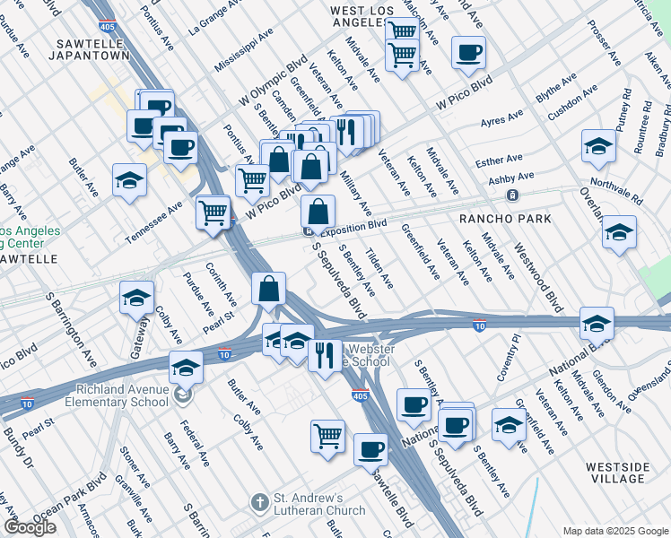 map of restaurants, bars, coffee shops, grocery stores, and more near 2578 South Sepulveda Boulevard in Los Angeles