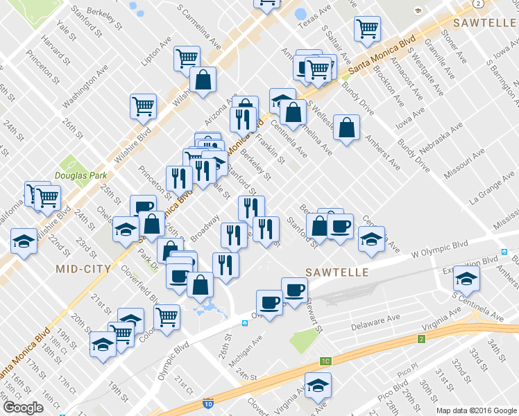 map of restaurants, bars, coffee shops, grocery stores, and more near 1545 Yale Street in Santa Monica