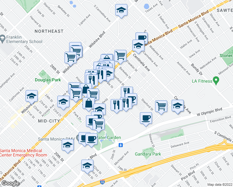 map of restaurants, bars, coffee shops, grocery stores, and more near 1518 Yale Street in Santa Monica