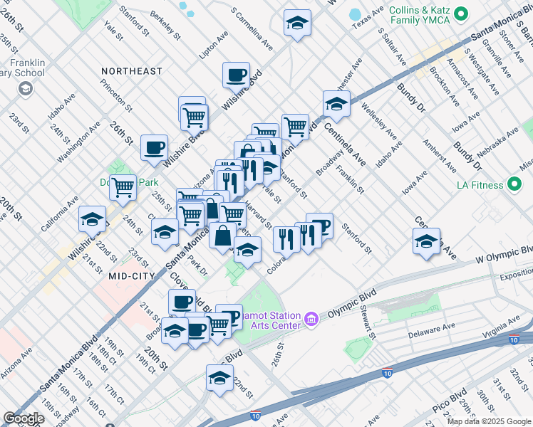 map of restaurants, bars, coffee shops, grocery stores, and more near 1452 Harvard Street in Santa Monica