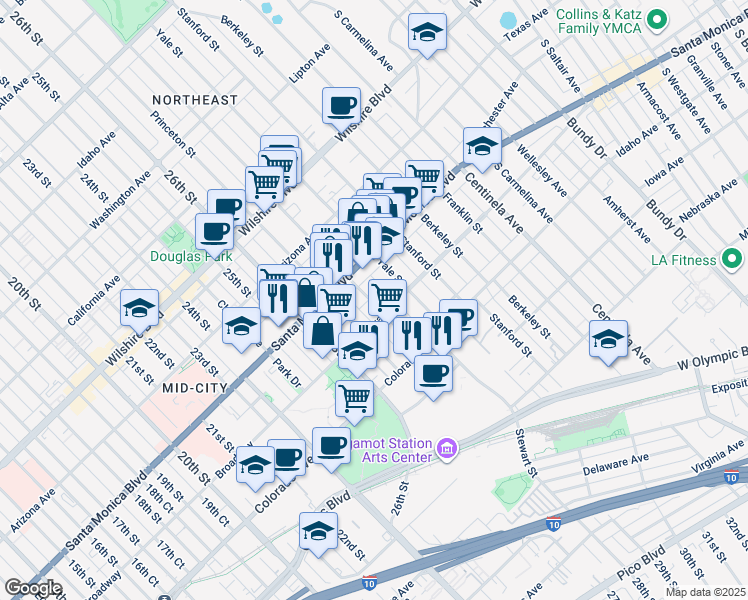 map of restaurants, bars, coffee shops, grocery stores, and more near 1452 Harvard Street in Santa Monica