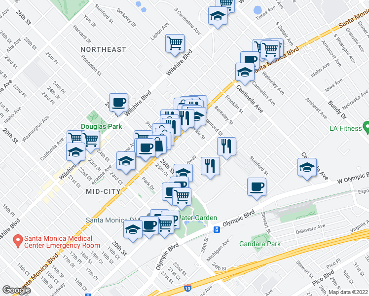 map of restaurants, bars, coffee shops, grocery stores, and more near 1452 Harvard Street in Santa Monica