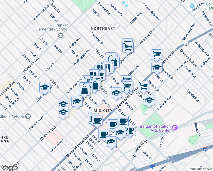 map of restaurants, bars, coffee shops, grocery stores, and more near 1231 24th Street in Santa Monica
