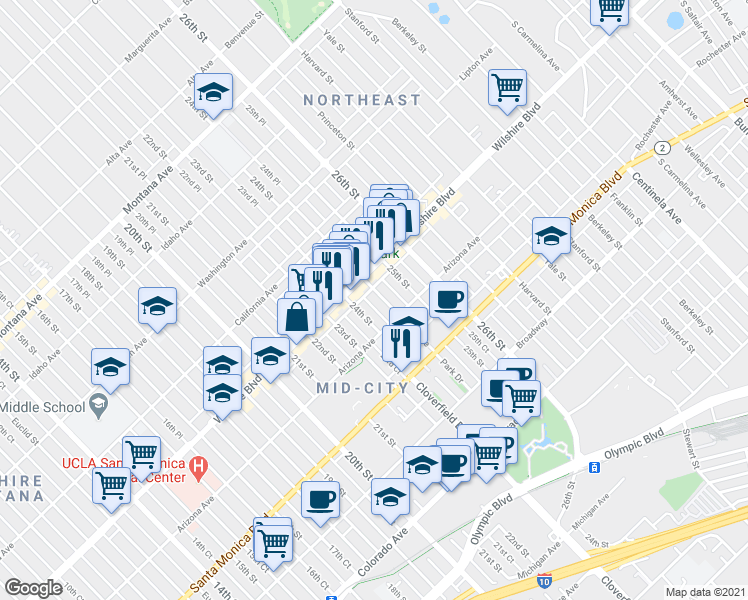 map of restaurants, bars, coffee shops, grocery stores, and more near 1231 24th Street in Santa Monica