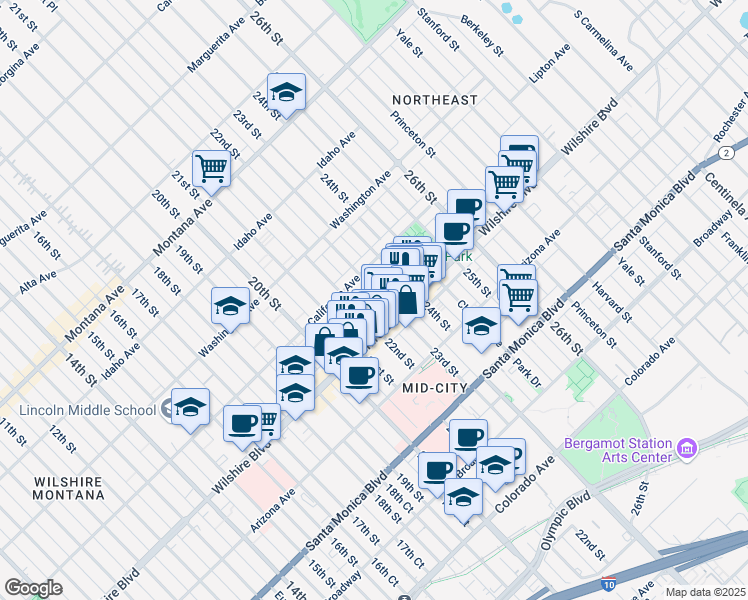 map of restaurants, bars, coffee shops, grocery stores, and more near 1133 22nd Street in Santa Monica